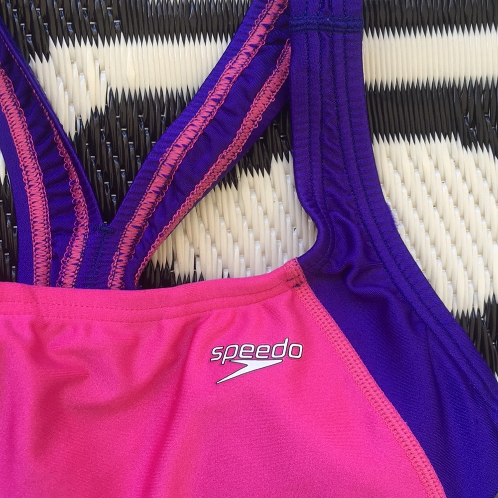 Speedo Optik Splice pink purple one piece swimsuit